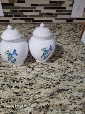 Vintage FTD Ceramic Blue Butterfly Jars with Lids. Set Of 2